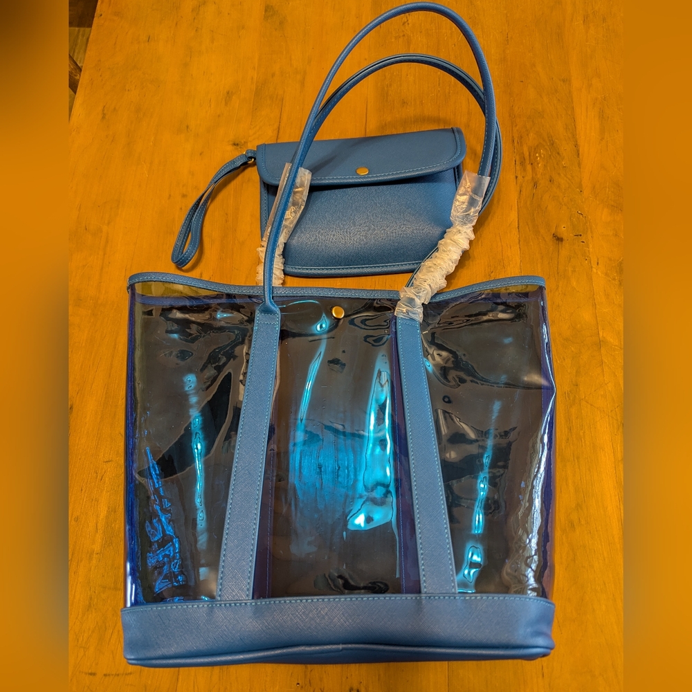 Blue Transparent Tote Bag with Pouch From Neiman Marcus